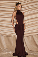 Halter Ruched Open Back Elegant Gown Maxi Dress