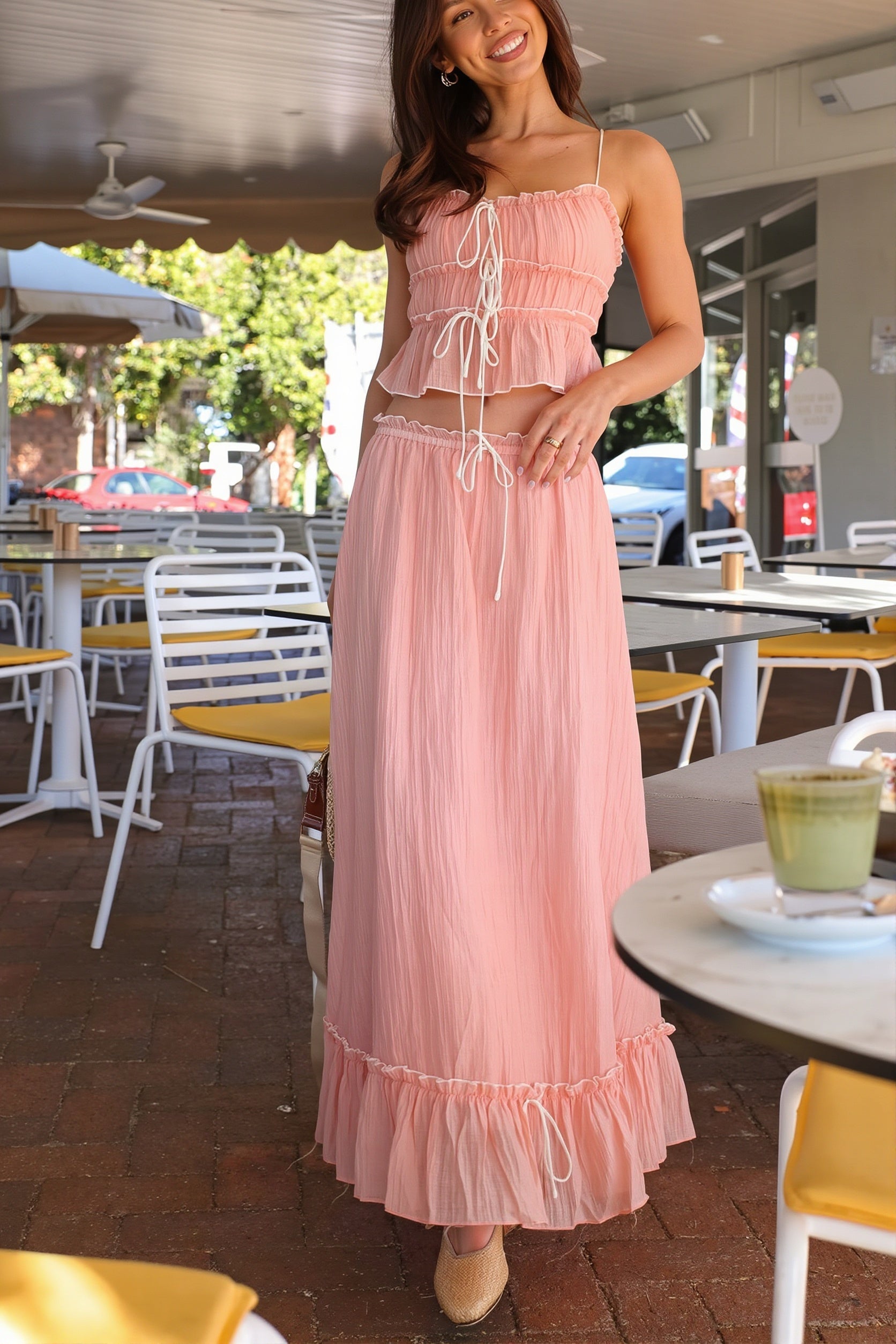 Elegant Satin Bow Cami Top Pleated Skirt Sets