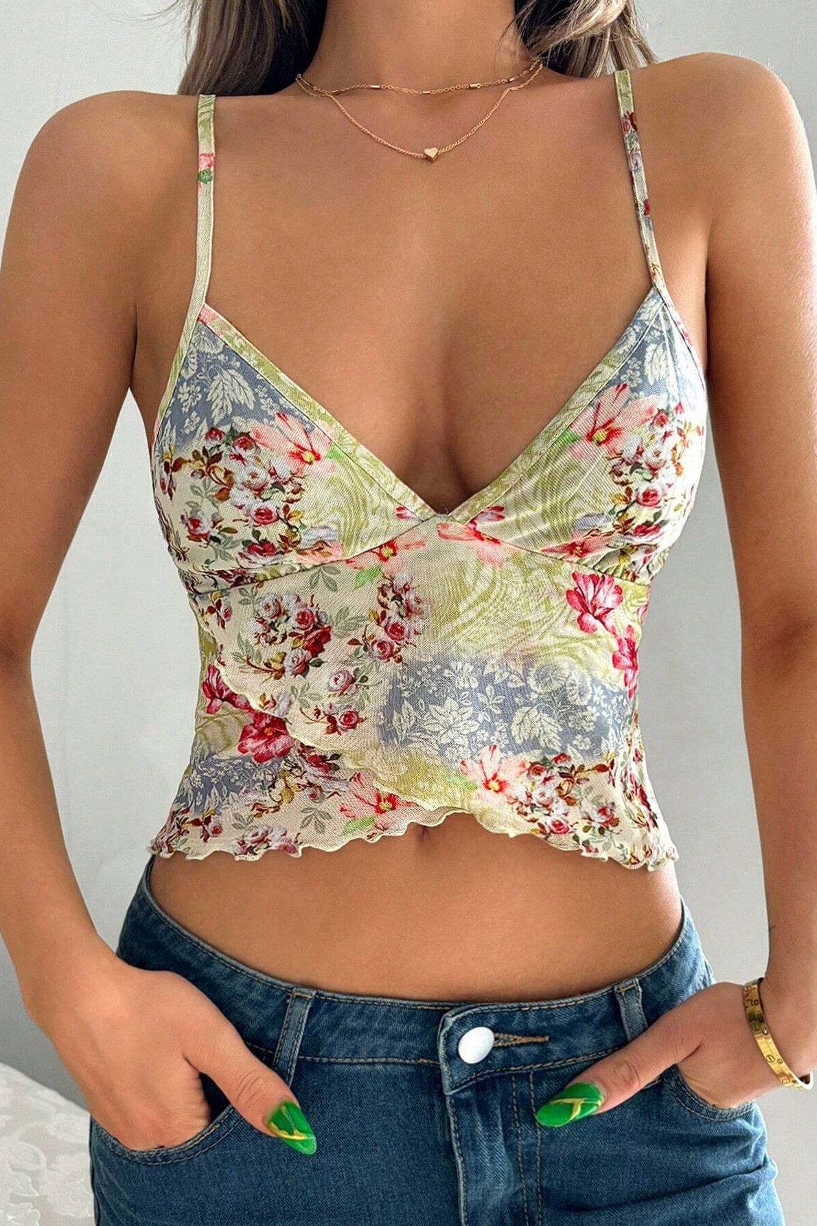 Floral Print Ruffle Slit Cami Top
