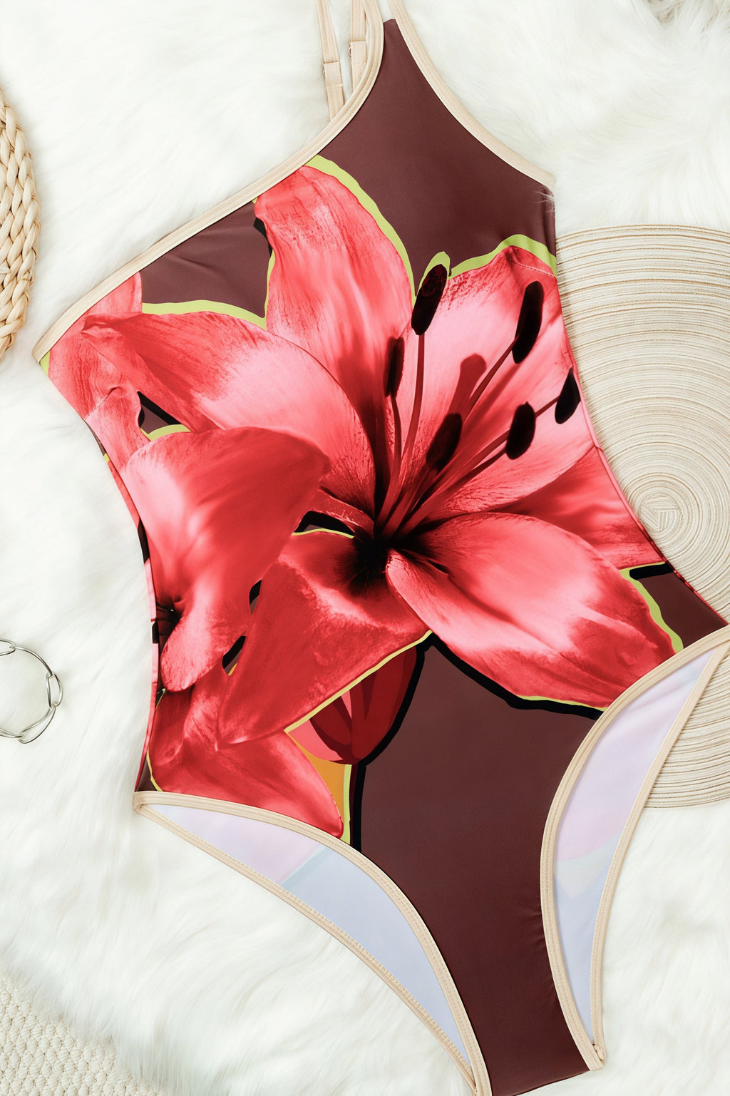 One Shoulder Floral Print Cami Backless Piece Swimwear