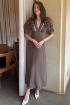Polka Dot V-Neck Puff Sleeve Bodycon Maxi Dress