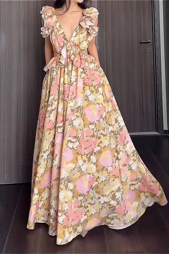 Ruffled V Neck Sleeveless Slim Fit Floral Dress