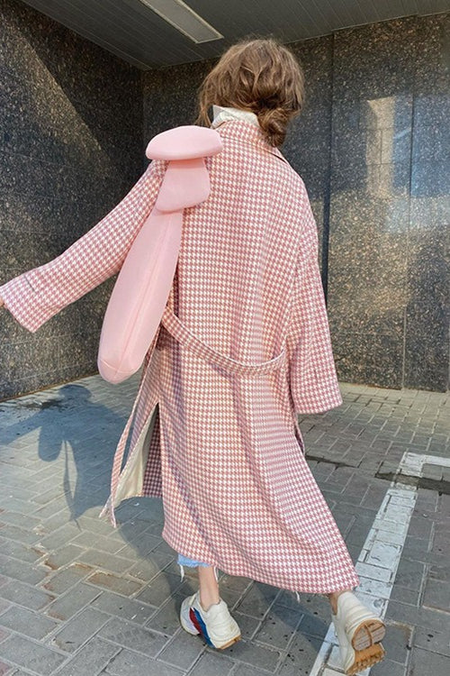 Houndstooth Long Trench Coat Elegant Overcoat