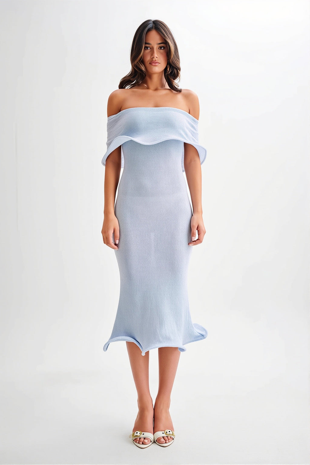 Ruffle Off Shoulder Knit Midi Dress