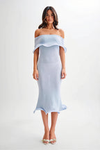 Ruffle Off Shoulder Knit Midi Dress