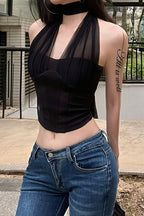 Solid Cropped Boned Halter Neck Backless Top