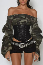 Off Shoulder Camo Print Tie Up Blouse
