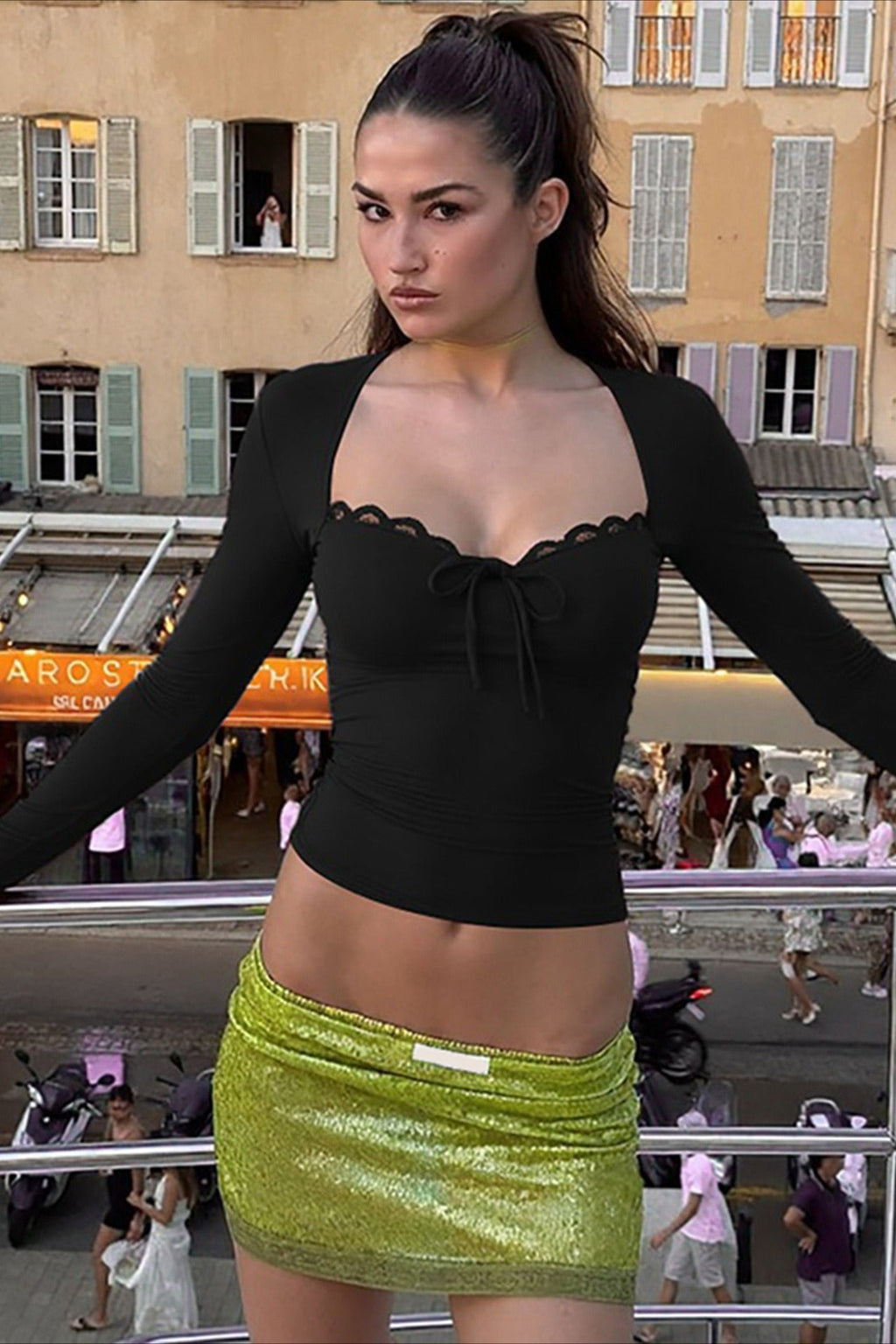 Lace Patchwork Slim Fit Long Sleeve Tee