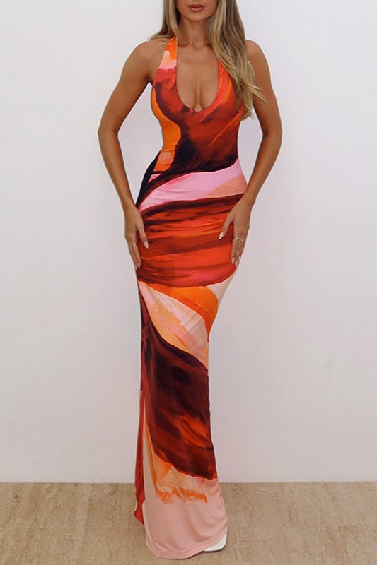 Floral Print Halter Tie Bodycon Split Maxi Dress