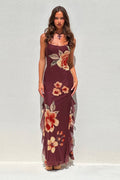 Floral Mesh Split Backless Maxi Dress