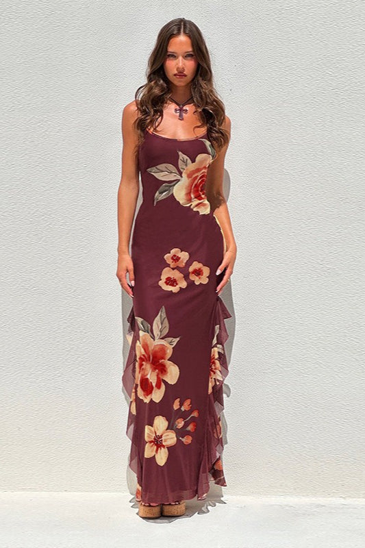 Floral Mesh Split Backless Maxi Dress