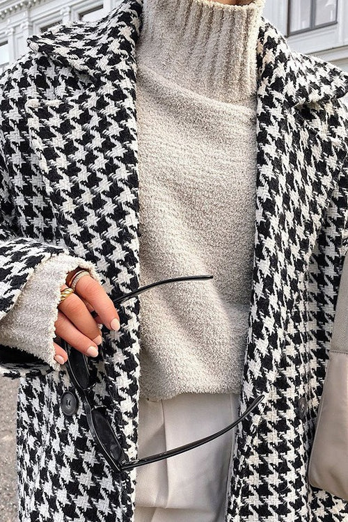 Houndstooth Long Trench Coat Elegant Overcoat