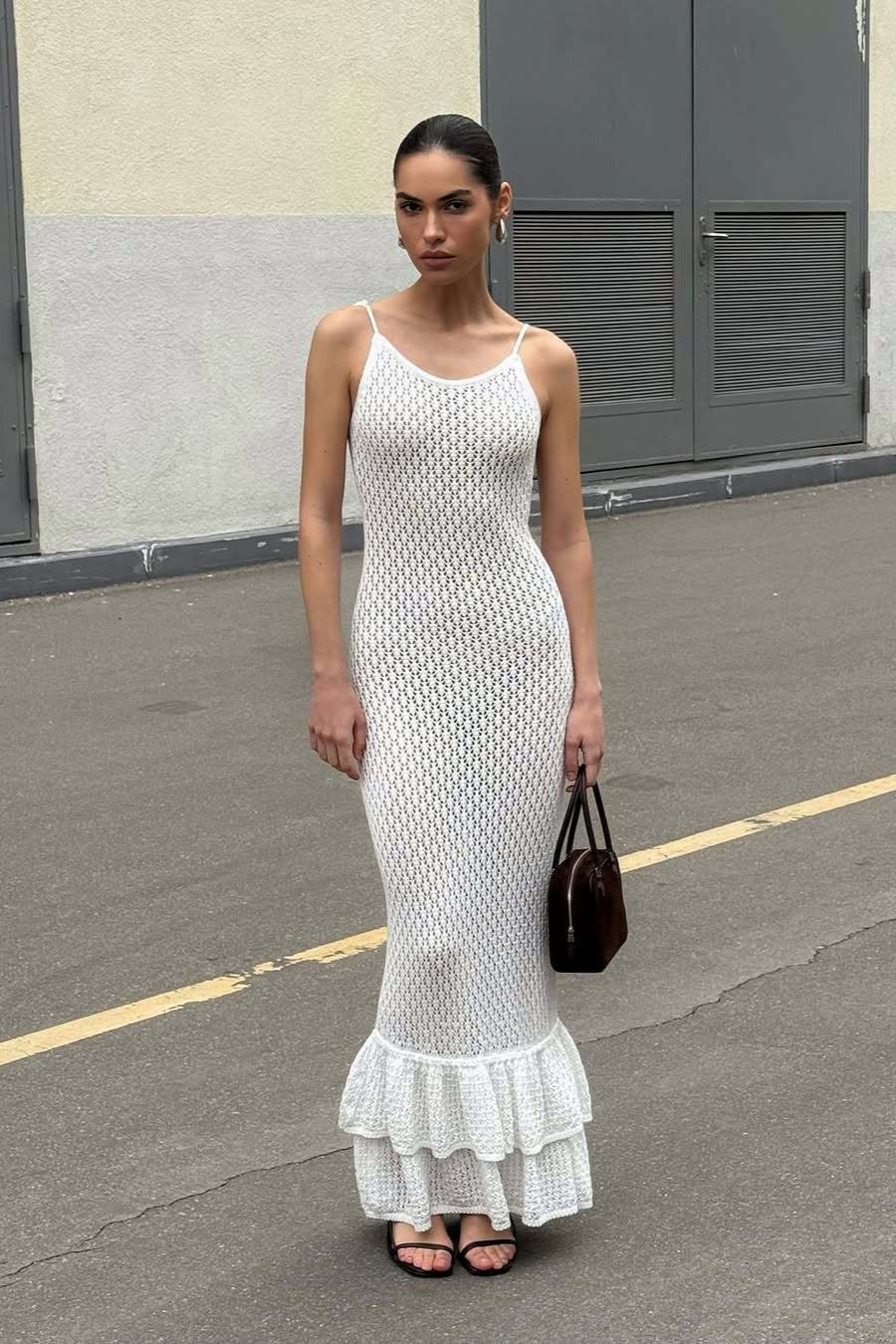 Boho Ruffle Knit Cutout Sheer Cami Maxi Dress