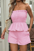 Casual Minimalist Stripe Tube Ruffle Shorts Two Piece Set