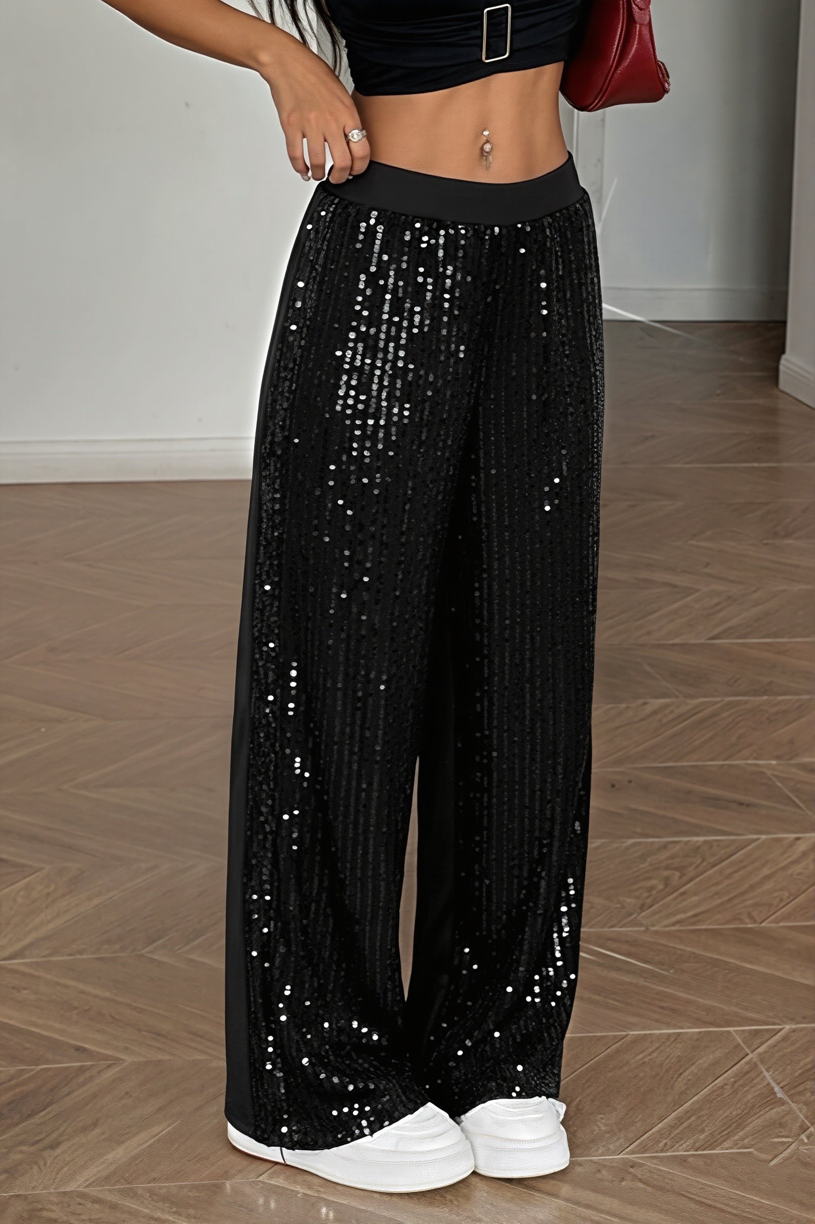 Sequin Patch Elastic Waist Straight Pants
