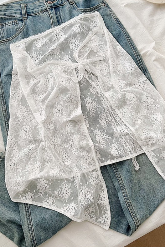 White Lace Apron Skirt With Tie Versatile Half