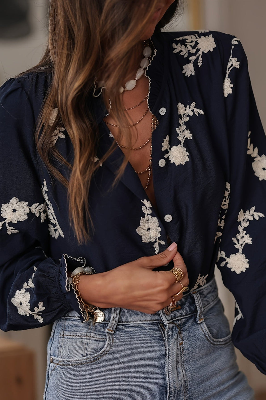 Long Sleeve Printed Lantern Blouse