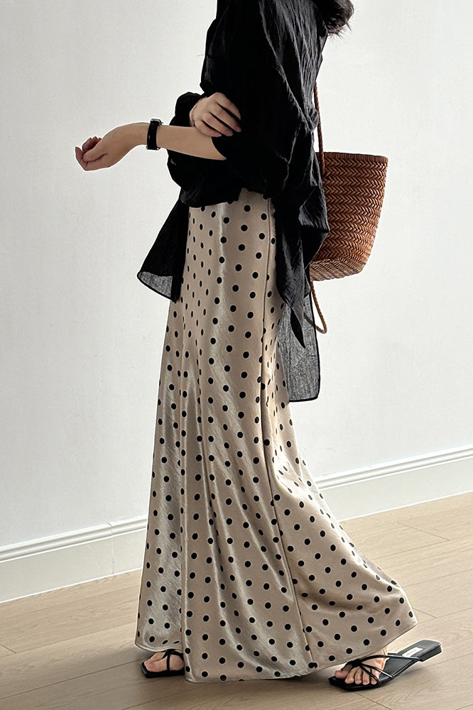 Vintage Polka Dot Satin High Waist A-Line Midi Skirt
