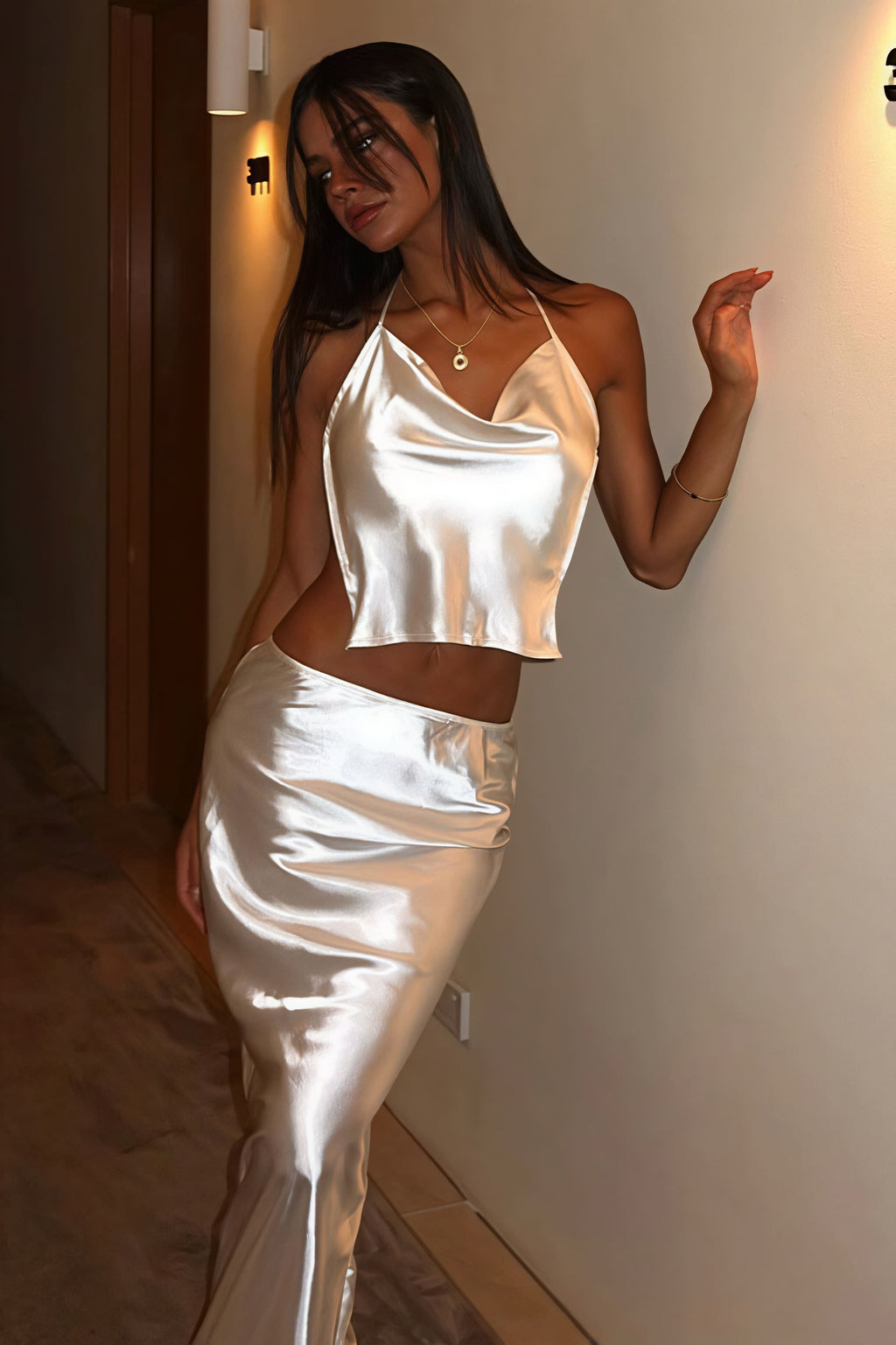 Satin Halter Backless Maxi Skirt Set