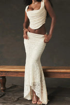 Elegant Lace-Up Crop Top & Maxi Skirt Boho Dress