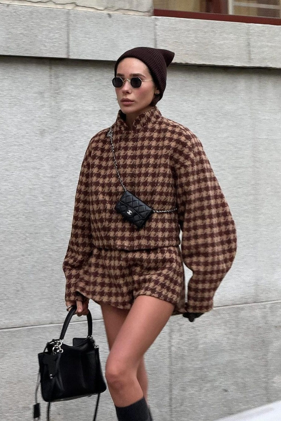 Vintage Houndstooth Zip Jacket And Shorts Two Piece Set