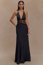 Lace Patchwork Backless Halter Boho Dress