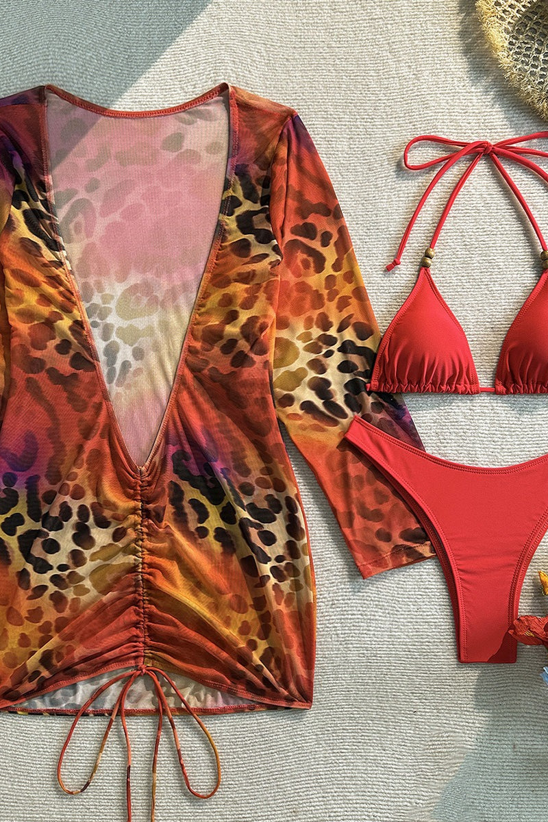 Red Leopard Three Piece Swim Set