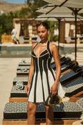 Black And White Halter Waist Cinching Bandage Vacation Mini Dress