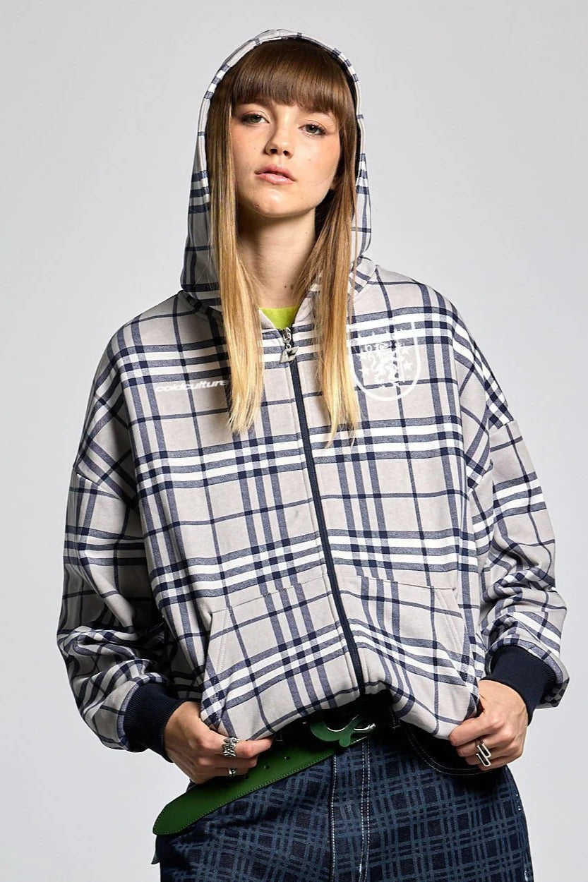 Plaid Printed Zip Y2K Hoodie