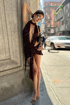 Backless Halter Neck Deep V Sequin Bodycon Mini Dress