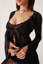 Solid V Neck Tie Knit Hollow Blouse