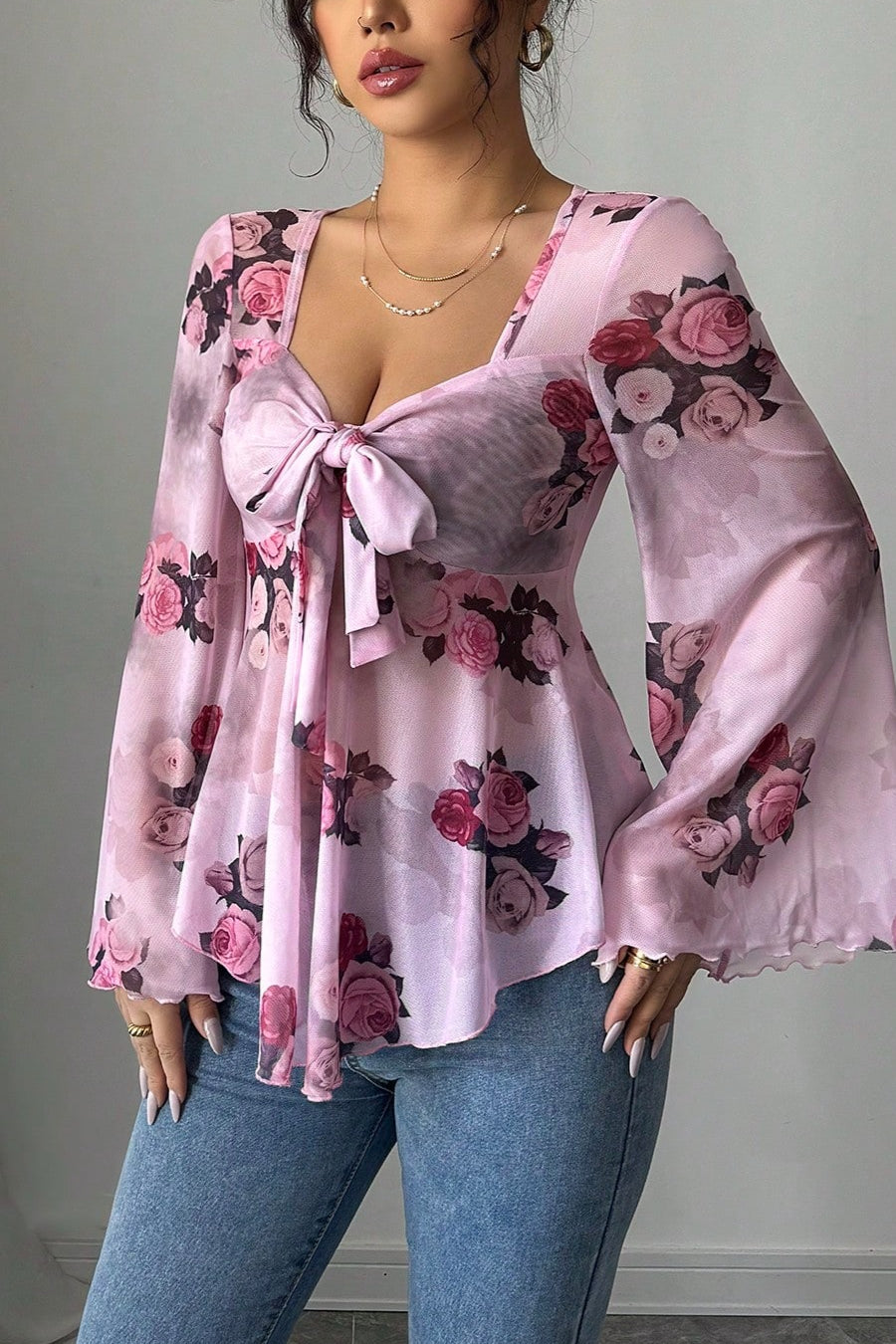 Floral Tie Dye Square Neck Long Sleeve Blouse