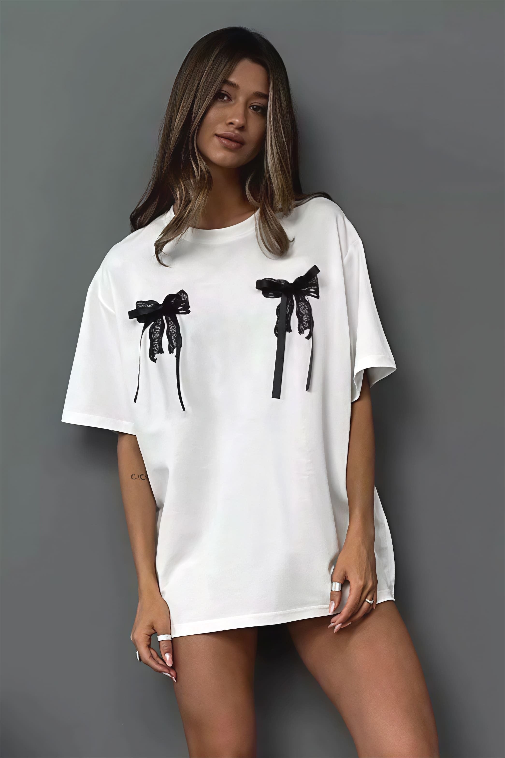 Minimalist Casual 3D Bow Lace Short Sleeve T-Shirt