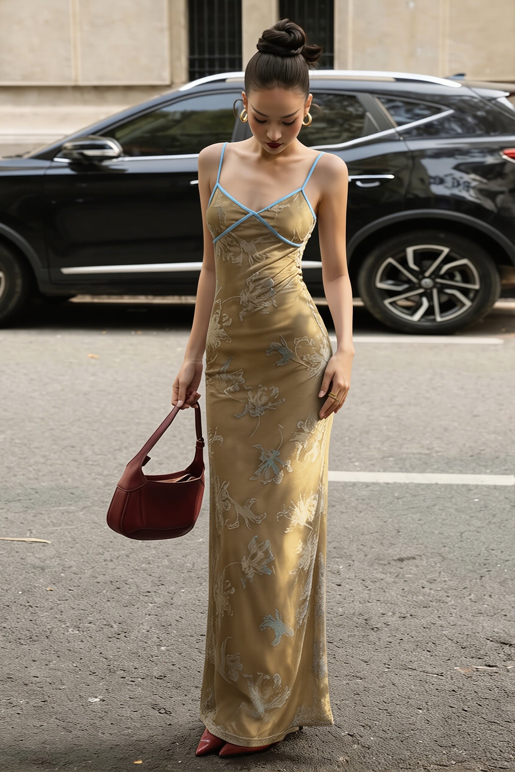 Floral Print Cami Chinese Style Maxi Dress