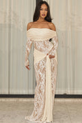 Lace Trim Off Shoulder Long Sleeve Wrap Maxi Dress