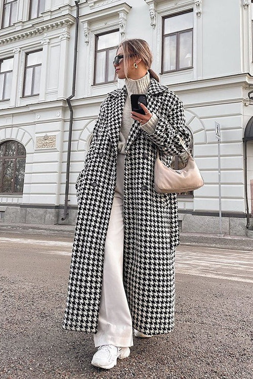 Houndstooth Long Trench Coat Elegant Overcoat