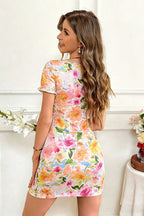 Square Neck Ruched Floral Bodycon Mini Dress