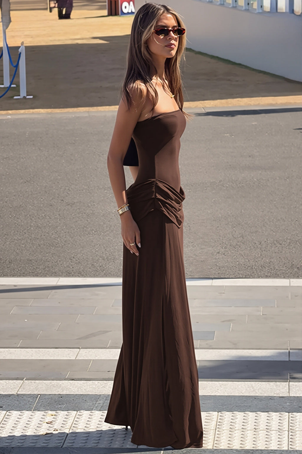 Solid Strapless Ruched Side Slip Maxi Dress