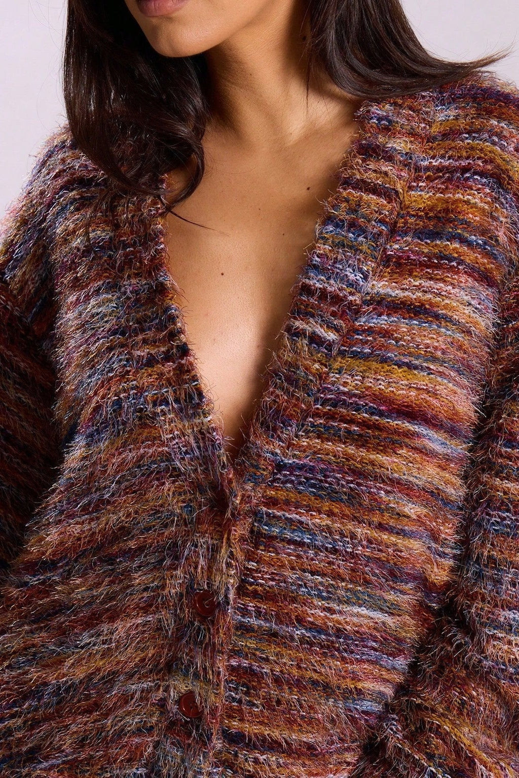 Retro Deep V-Neck Maillard Plush Long-Sleeve Knit Cardigan
