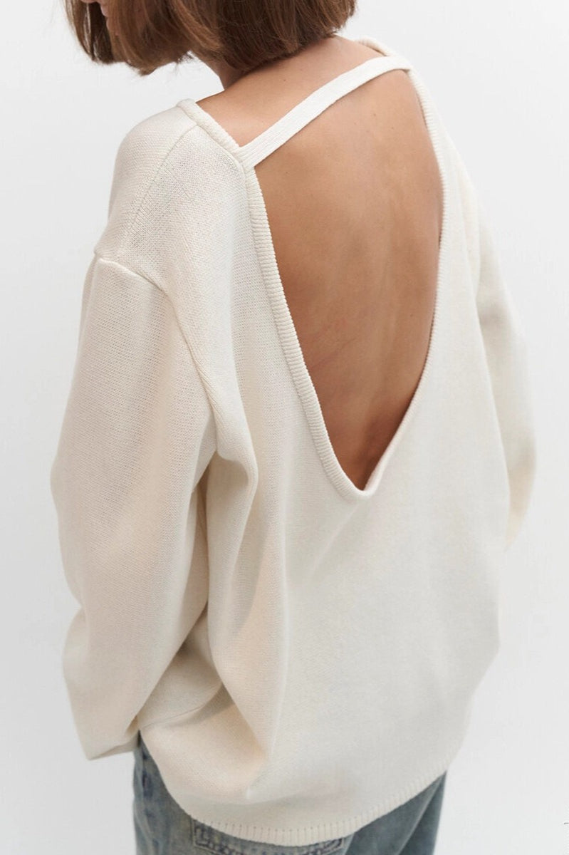 Cotton Pullover Open-Back Loose Knit Top