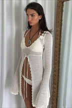 Solid V Neck Tie Knit Hollow Blouse