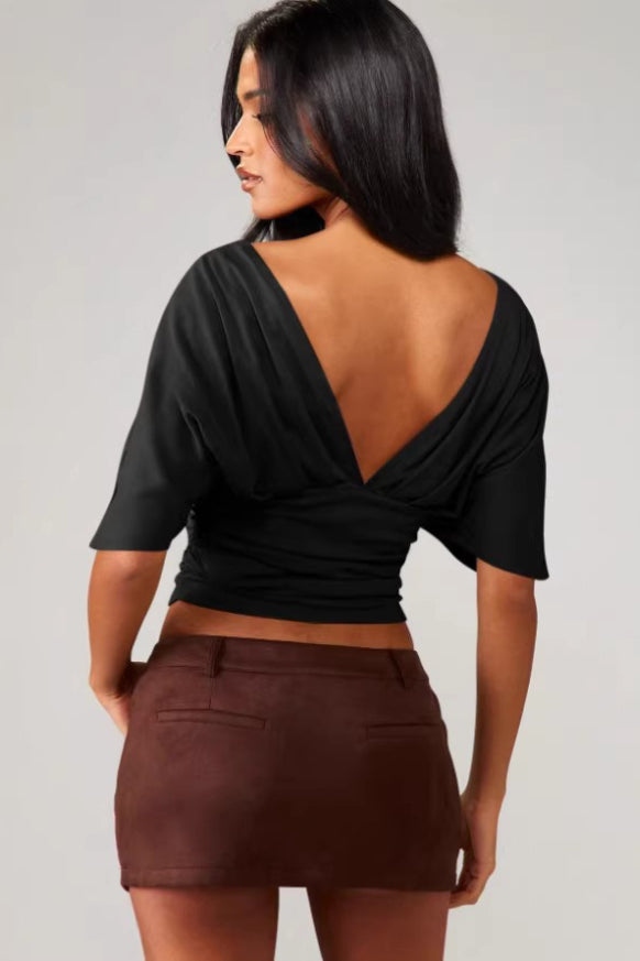 Deep V Neck Knot Front Ruched Crop T-Shirt