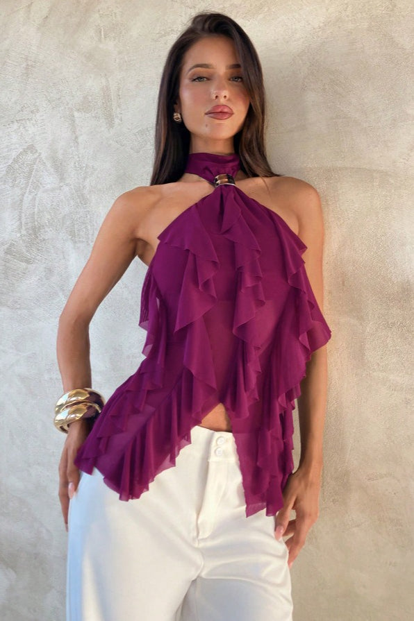 Solid Ruffle Slim Halter Top