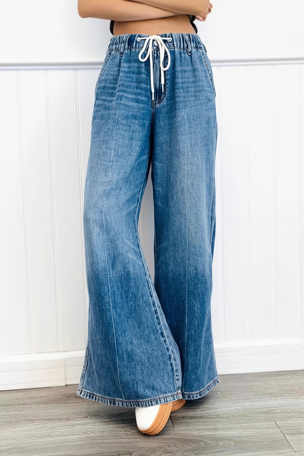 Retro Washed Elastic Drawstring Straight Jeans