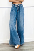 Retro Washed Elastic Drawstring Straight Jeans