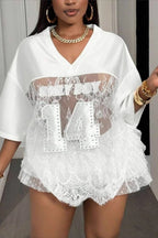 Number Print Loose Street Sheer Lace T-Shirt