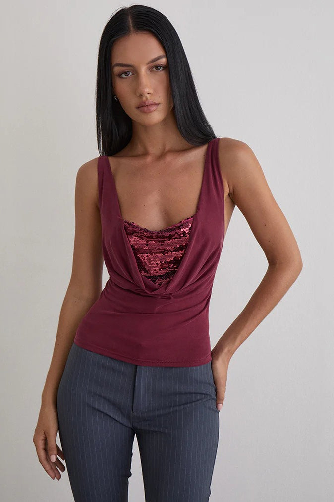 Solid Slim U Neck Sequin Cami Top