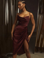 Slim Fit Halter Neck Satin Split Party Dress