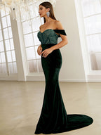 Green Velvet Evening Dress Elegant Off Shoulder Sequin Bodycon Maxi Party