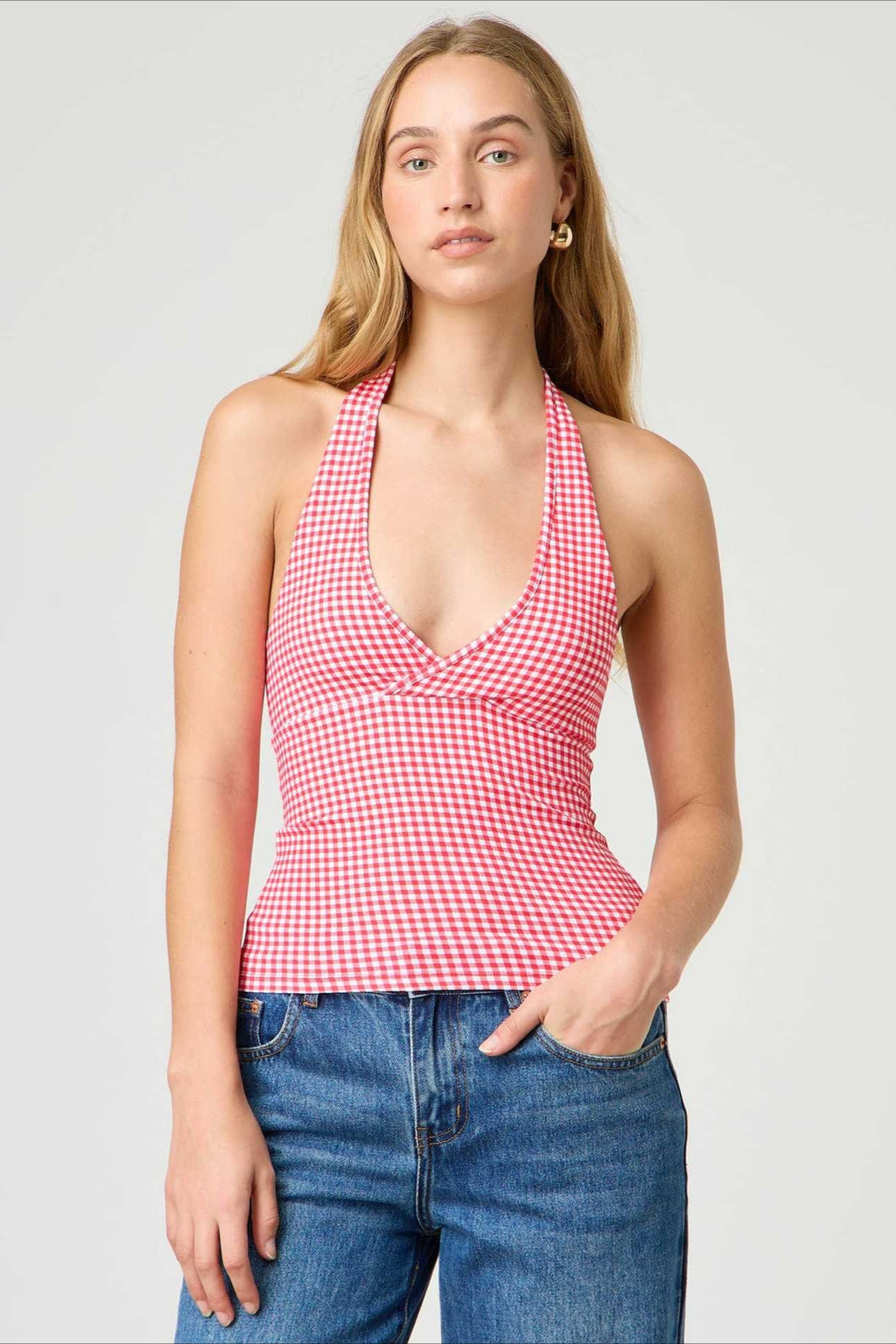 Polka Dot Plaid Slim Halter Top